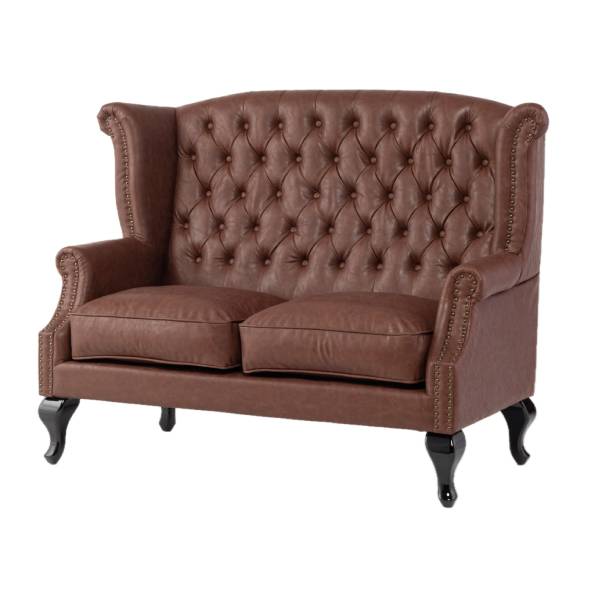 ブラウンPUレザーチェスターフィールドウイングバックソファ