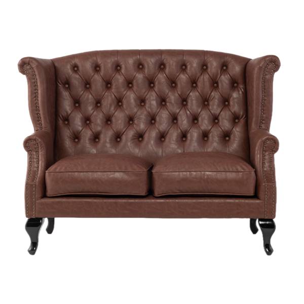 ブラウンPUレザーチェスターフィールドウイングバックソファ