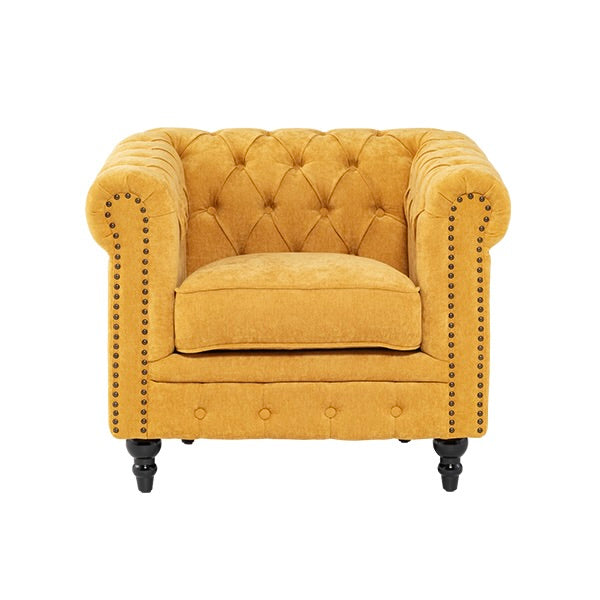 イエローファブリックコンパクトチェスターフィールドシングルソファ　VINCENT
