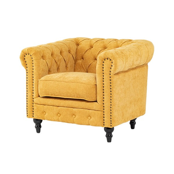 イエローファブリックコンパクトチェスターフィールドシングルソファ　VINCENT