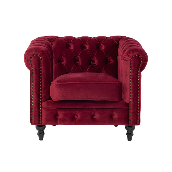 レッドファブリックコンパクトチェスターフィールドシングルソファ　VINCENT