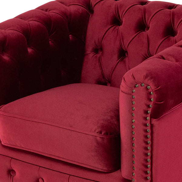 レッドファブリックコンパクトチェスターフィールドシングルソファ　VINCENT