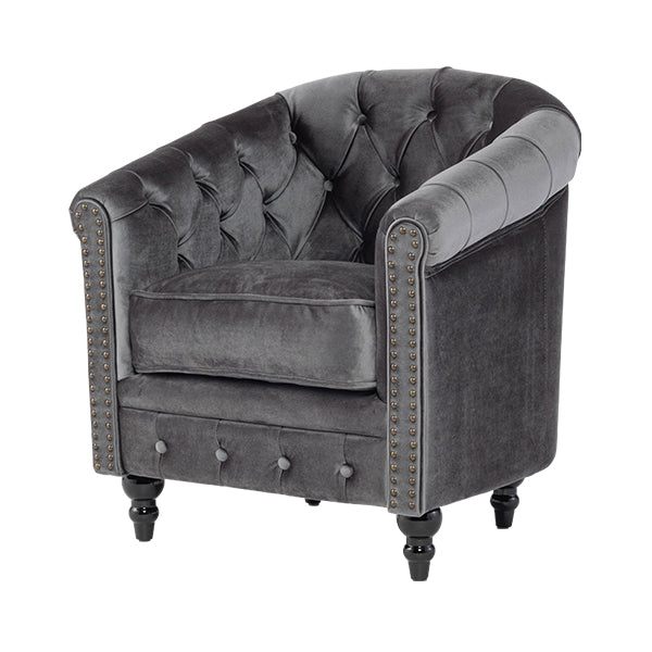 グレーベルベットコンパクトチェスターフィールドラウンジシングルソファ　VINCENT(ヴィンセント)