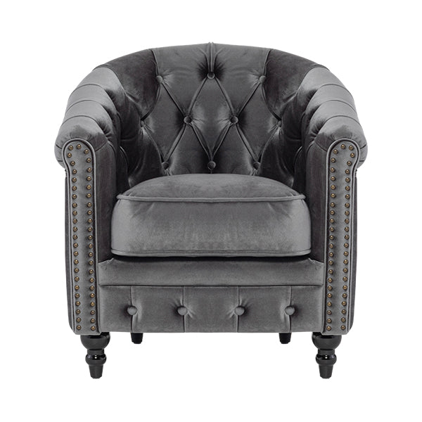 グレーベルベットコンパクトチェスターフィールドラウンジシングルソファ　VINCENT(ヴィンセント)