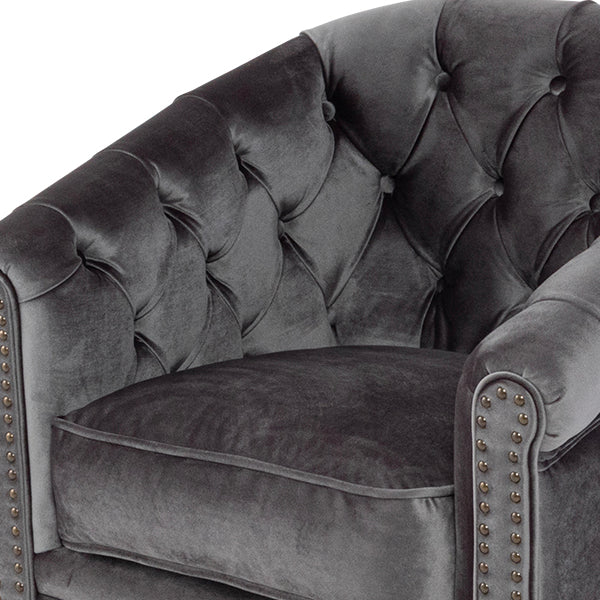 グレーベルベットコンパクトチェスターフィールドラウンジシングルソファ　VINCENT(ヴィンセント)