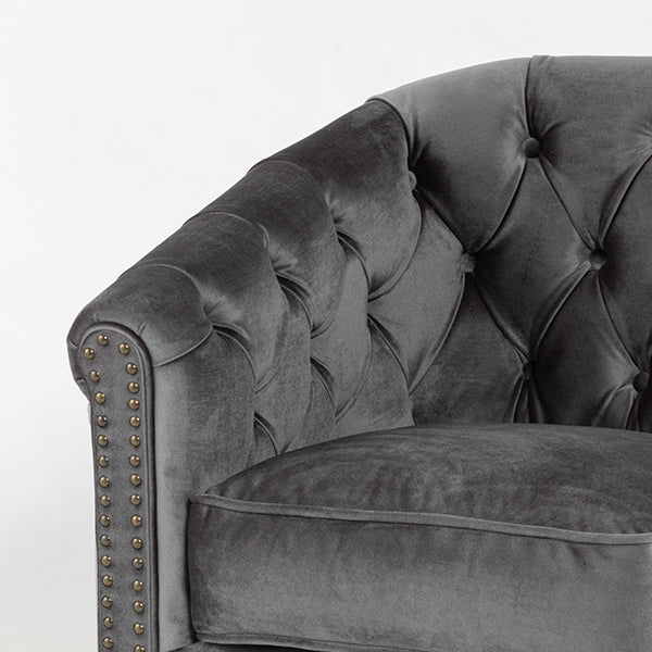 グレーベルベットコンパクトチェスターフィールドラウンジシングルソファ　VINCENT(ヴィンセント)