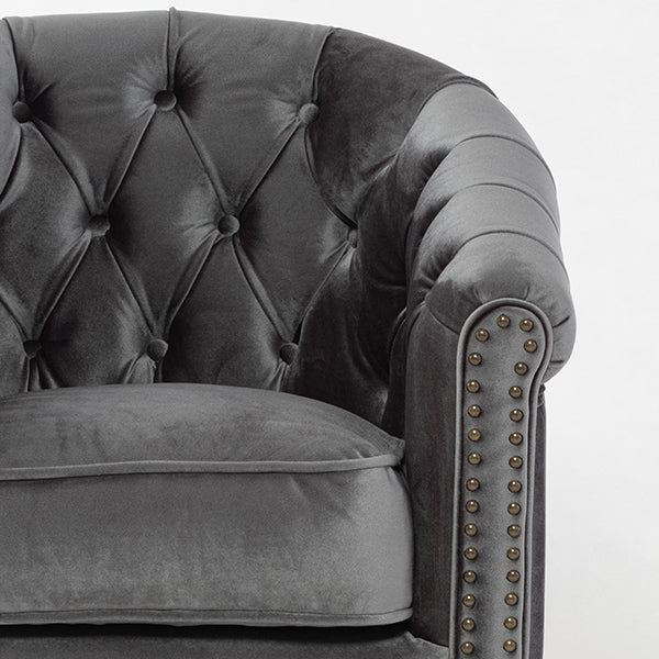 グレーベルベットコンパクトチェスターフィールドラウンジシングルソファ　VINCENT(ヴィンセント)