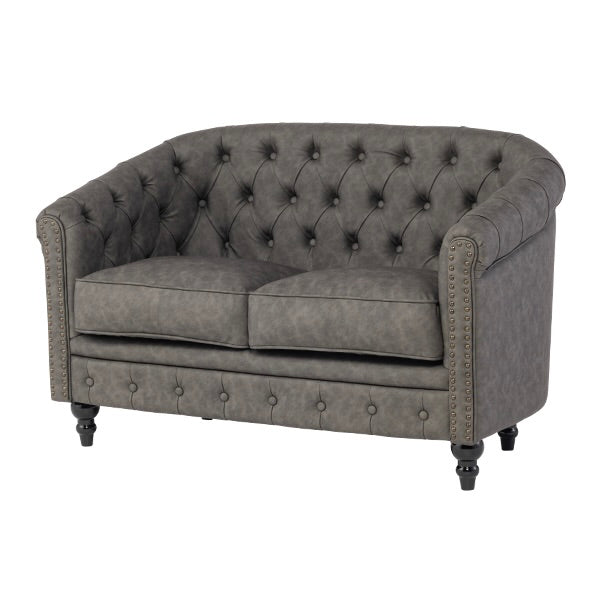 グレーPUレザーコンパクトチェスターフィールドラウンジ2シーターソファ　VINCENT