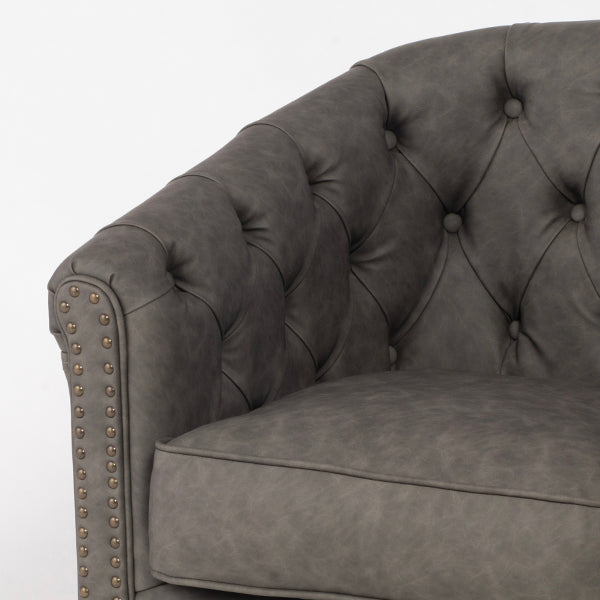 グレーPUレザーコンパクトチェスターフィールドラウンジ2シーターソファ　VINCENT