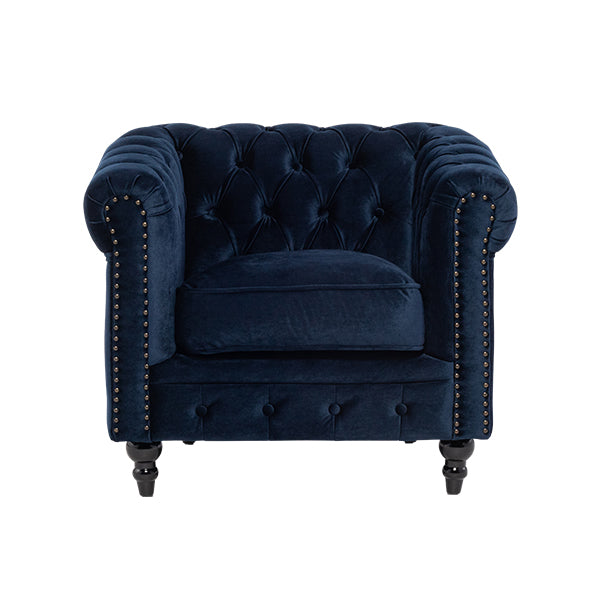 ネイビーブルーベルベットコンパクトチェスターフィールドシングルソファ　VINCENT