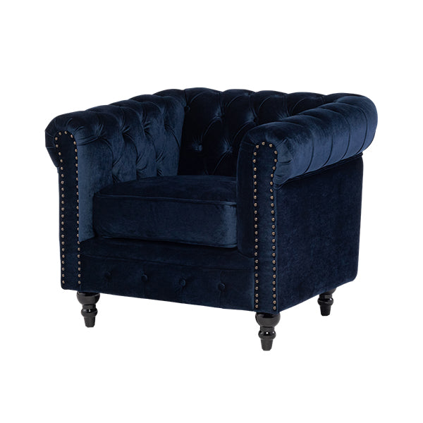 ネイビーブルーベルベットコンパクトチェスターフィールドシングルソファ　VINCENT
