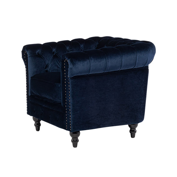 ネイビーブルーベルベットコンパクトチェスターフィールドシングルソファ　VINCENT