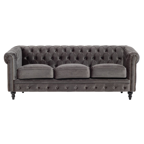 グレーベルベットコンパクトチェスターフィールド3シーターソファ　VINCENT