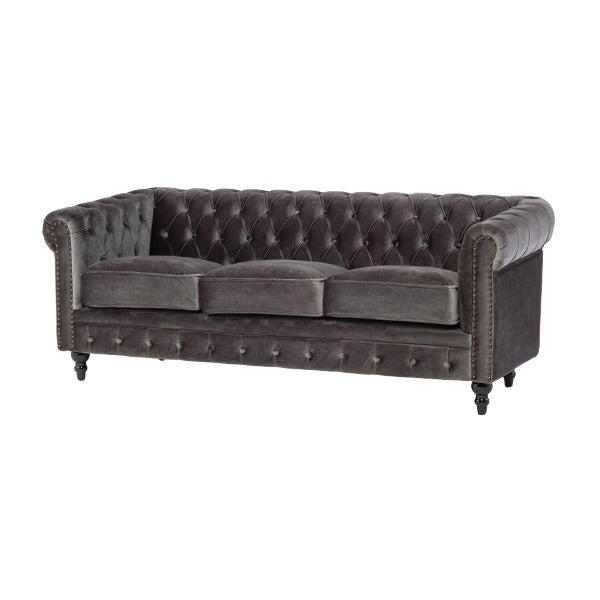 グレーベルベットコンパクトチェスターフィールド3シーターソファ　VINCENT