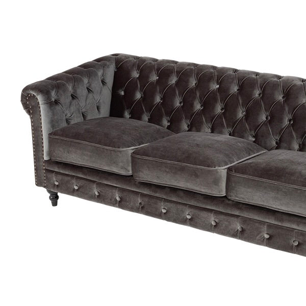 グレーベルベットコンパクトチェスターフィールド3シーターソファ　VINCENT