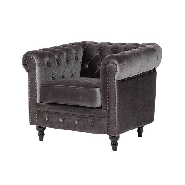 グレーベルベットコンパクトチェスターフィールドシングルソファ　VINCENT