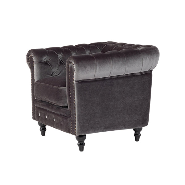 グレーベルベットコンパクトチェスターフィールドシングルソファ　VINCENT