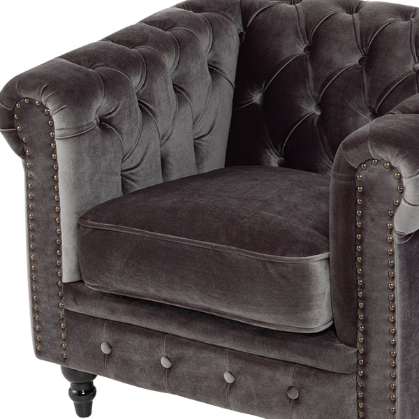 グレーベルベットコンパクトチェスターフィールドシングルソファ　VINCENT