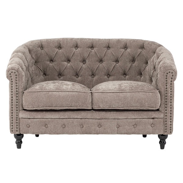 ライトグレーファブリックコンパクトチェスターフィールドラウンジ2シーターソファ　VINCENT