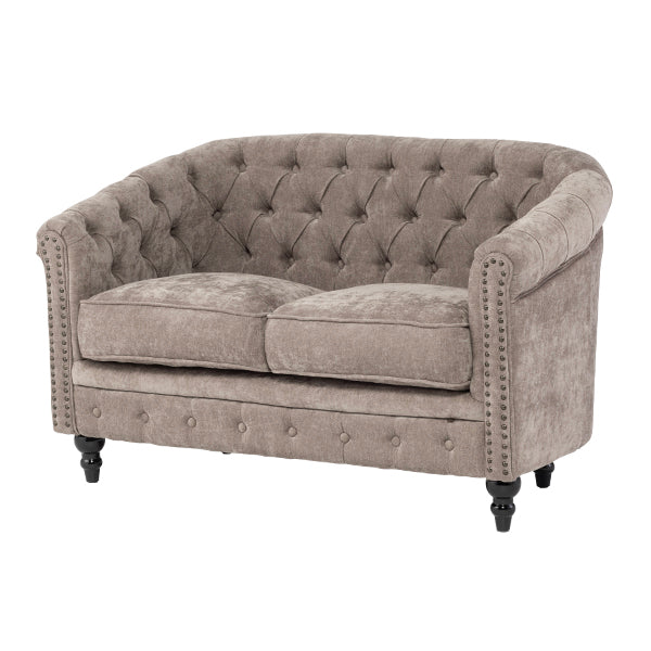 ライトグレーファブリックコンパクトチェスターフィールドラウンジ2シーターソファ　VINCENT