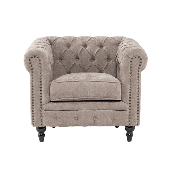 ライトグレーファブリックコンパクトチェスターフィールドシングルソファ　VINCENT