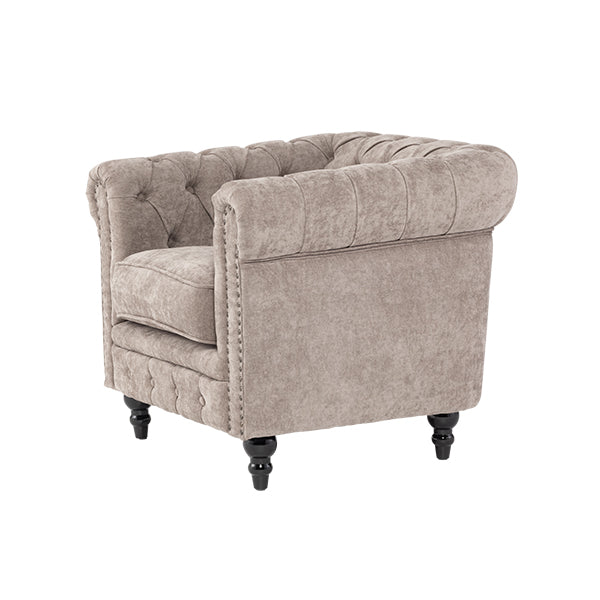 ライトグレーファブリックコンパクトチェスターフィールドシングルソファ　VINCENT