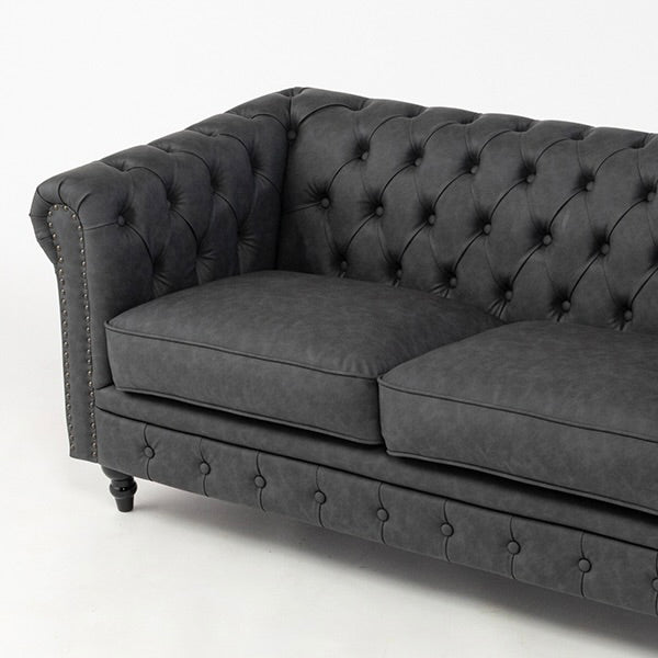 チャコールグレーPUレザーコンパクトチェスターフィールド2.5シーターソファ　VINCENT(ヴィンセント)