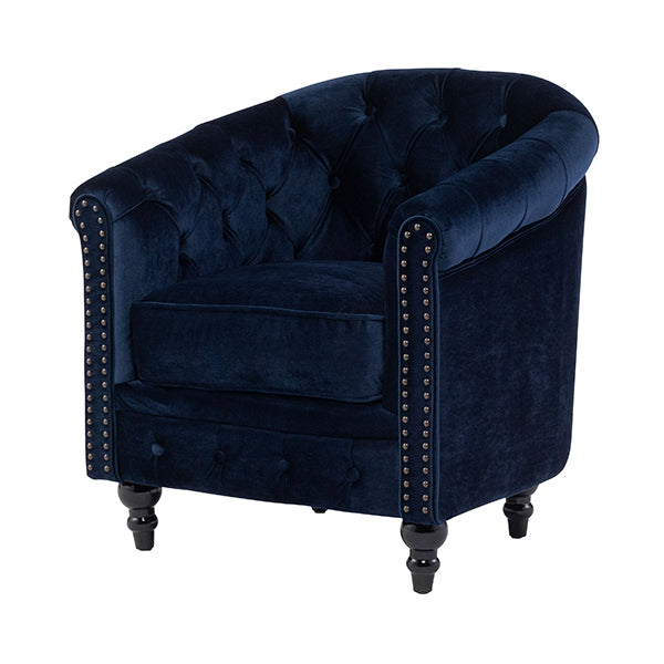 ネイビーブルーベルベットコンパクトチェスターフィールドラウンジシングルソファ　VINCENT(ヴィンセント)