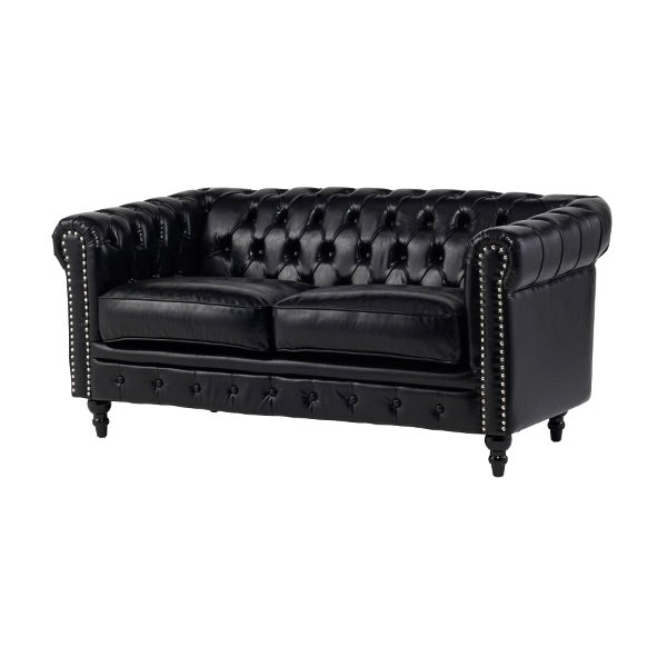 ブラックPUレザー&シルバーカラースタッズコンパクトチェスターフィールド2.5シーターソファ