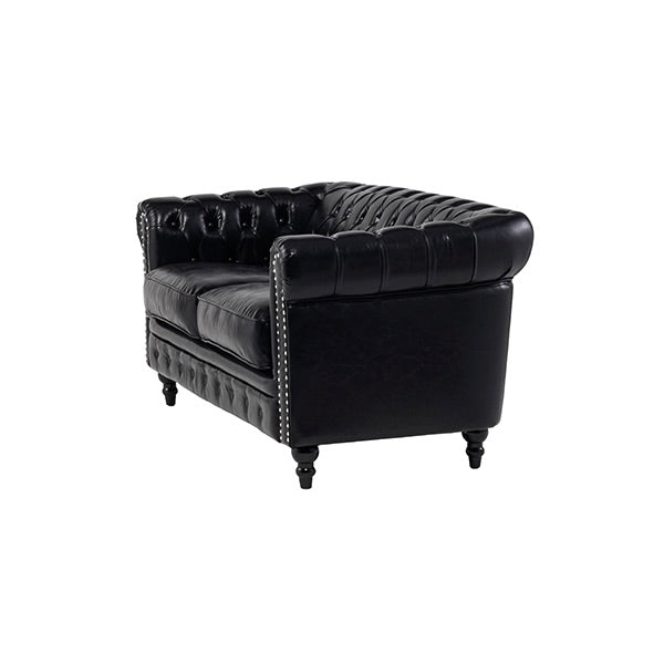 ブラックPUレザー&シルバーカラースタッズコンパクトチェスターフィールド2.5シーターソファ