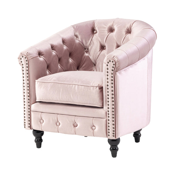グレイッシュピンクベルベットコンパクトチェスターフィールドラウンジシングルソファ　VINCENT