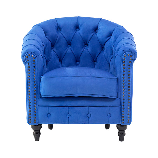 ロイヤルブルーベルベットコンパクトチェスターフィールドラウンジシングルソファ　VINCENT