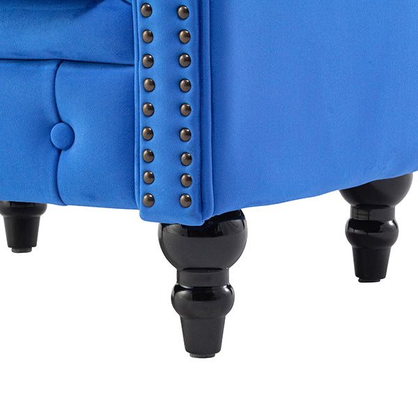 ロイヤルブルーベルベットコンパクトチェスターフィールドラウンジシングルソファ　VINCENT