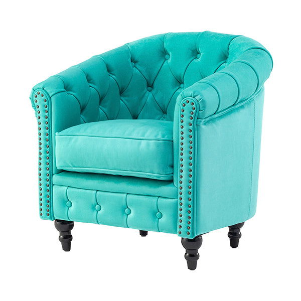 ターコイズブルーベルベットコンパクトチェスターフィールドラウンジシングルソファ　VINCENT