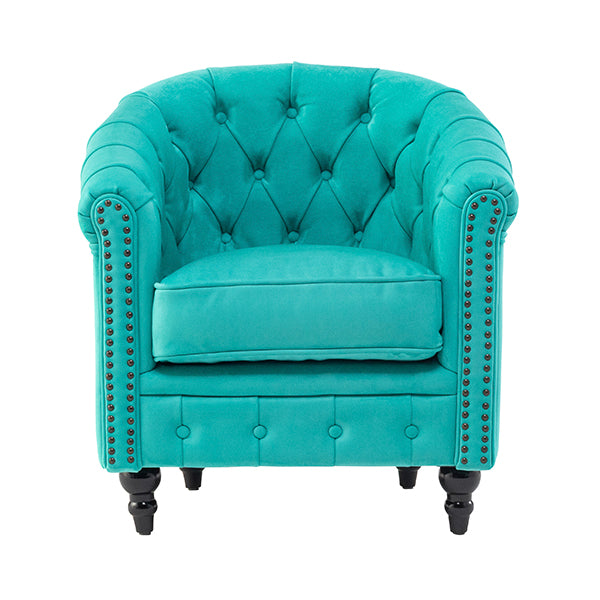 ターコイズブルーベルベットコンパクトチェスターフィールドラウンジシングルソファ　VINCENT