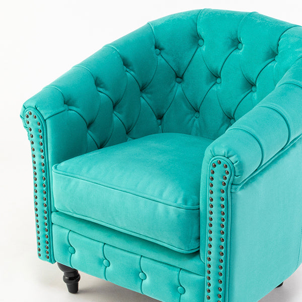 ターコイズブルーベルベットコンパクトチェスターフィールドラウンジシングルソファ　VINCENT