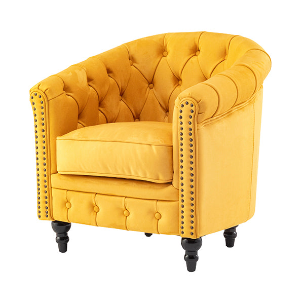 マスタードイエローベルベットコンパクトチェスターフィールドラウンジシングルソファ　VINCENT