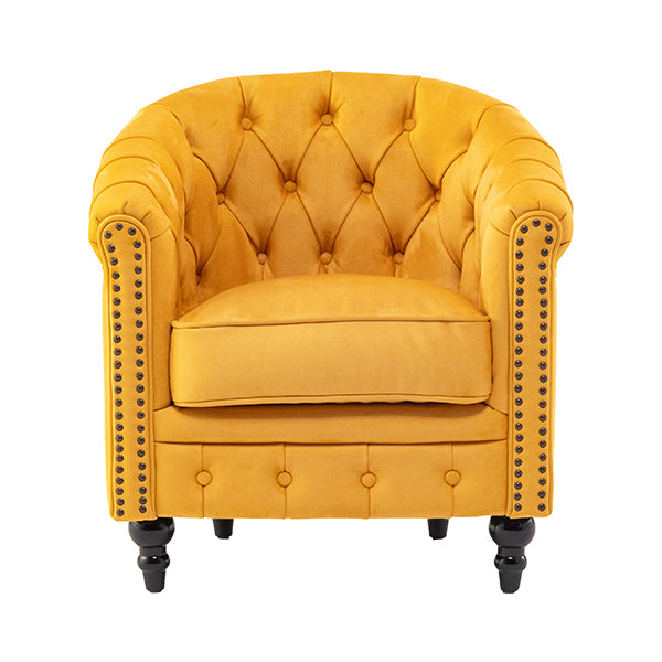 マスタードイエローベルベットコンパクトチェスターフィールドラウンジシングルソファ　VINCENT
