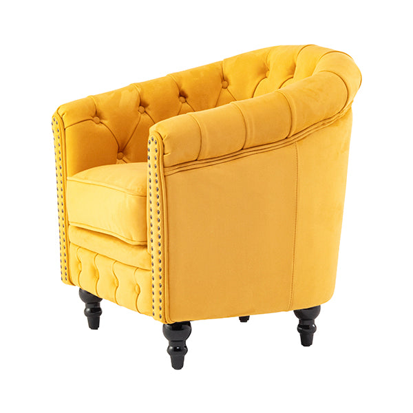 マスタードイエローベルベットコンパクトチェスターフィールドラウンジシングルソファ　VINCENT