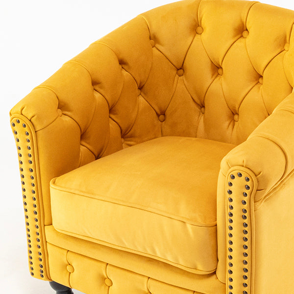 マスタードイエローベルベットコンパクトチェスターフィールドラウンジシングルソファ　VINCENT