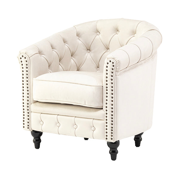 オフホワイトベルベットコンパクトチェスターフィールドラウンジシングルソファ　VINCENT