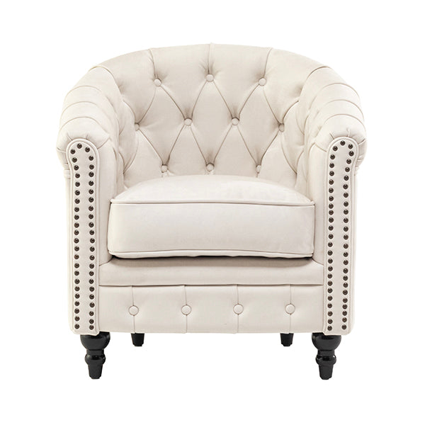 オフホワイトベルベットコンパクトチェスターフィールドラウンジシングルソファ　VINCENT