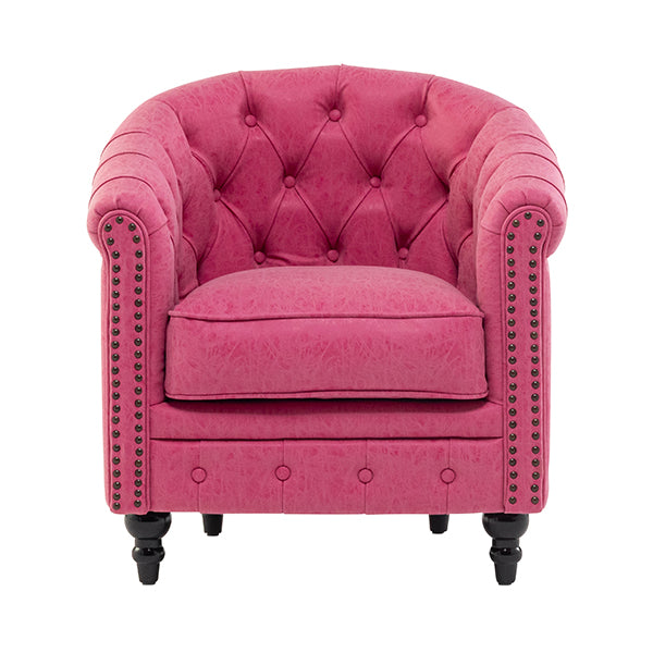 ローズピンクヴィンテージレザー調コンパクトチェスターフィールドラウンジシングルソファ　VINCENT