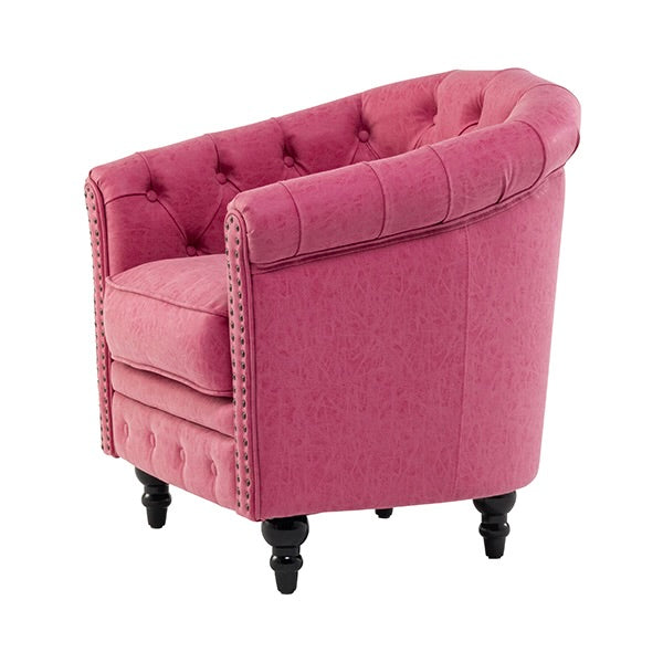 ローズピンクヴィンテージレザー調コンパクトチェスターフィールドラウンジシングルソファ　VINCENT