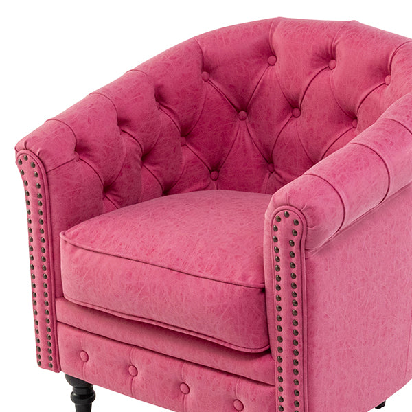 ローズピンクヴィンテージレザー調コンパクトチェスターフィールドラウンジシングルソファ　VINCENT