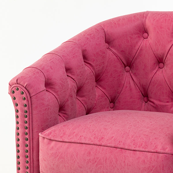 ローズピンクヴィンテージレザー調コンパクトチェスターフィールドラウンジシングルソファ　VINCENT