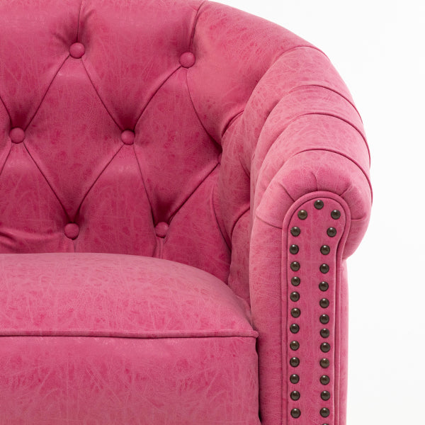 ローズピンクヴィンテージレザー調コンパクトチェスターフィールドラウンジシングルソファ　VINCENT