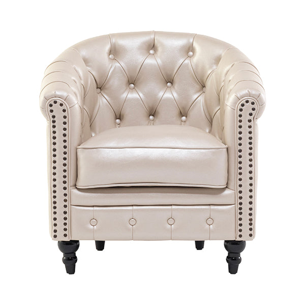 パールアイボリーPUレザーコンパクトチェスターフィールドラウンジシングルソファ　VINCENT