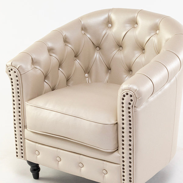 パールアイボリーPUレザーコンパクトチェスターフィールドラウンジシングルソファ　VINCENT