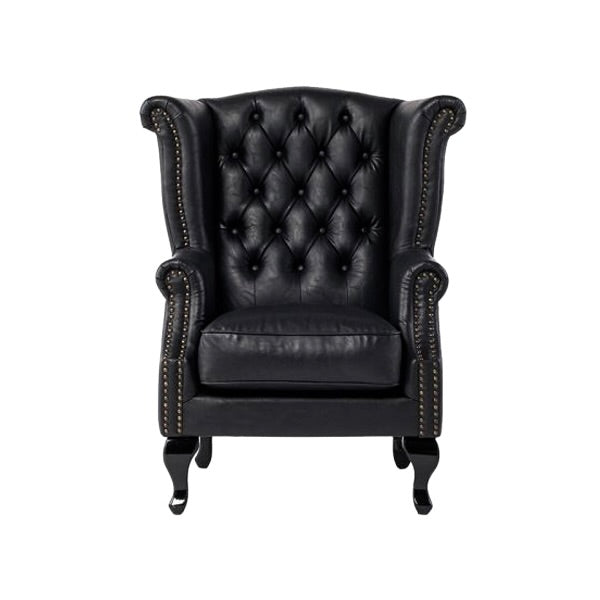 オールドブラックPUレザーチェスターフィールドウイングバックシングルソファ(アームチェア)